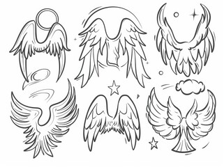 Obraz premium An illustration of an angel's wings spread across the page. Modern illustration set based on winged icons.