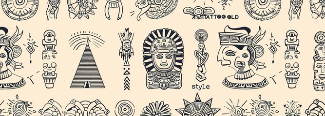 Old school tattoo collection. Mayan, Aztec, Inca. Sun stone, pyramids, glyphs, Kukulkan. Méxican Mesoamerican culture. Vintage traditional tattooing style.