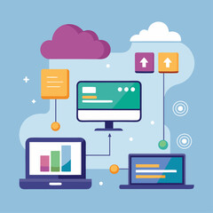 Visualization of data transfer between devices, cloud icons, and loading bars.1