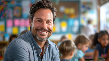 Smiling male teacher in a classroom with young students engaging in various activities. Education, teaching, classroom environment, nurturing, elementary school concept.