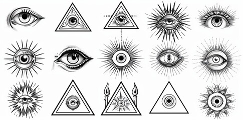 Intricate tattoo design, freemason triangle with light rays and all seeing eye