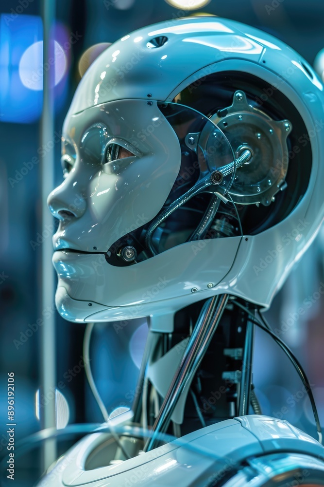 Poster A close-up view of a robot's head holding a computer mouse, ideal for tech-related designs and concepts