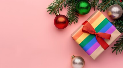 A box with a rainbow ribbon on it sits on a pink background
