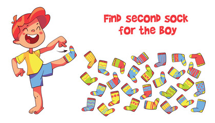 Find two same items. Find second sock for boy. Find other pair. Educational game for kids. Funny cartoon character. Worksheet page. Vector illustration. Isolated on white background