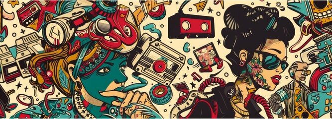 Rap music. Old school tattoo collection. Rap girl, swag woman, boom box. Audio cassette. Break dancer. Tattooing musical street ghetto.