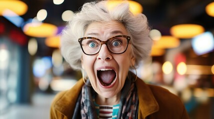 Surprised elderly woman with white hair and glasses, wearing a scarf and brown coat, in a blurred indoor setting with warm lighting.
