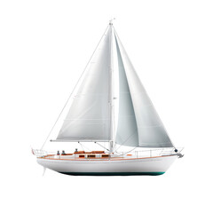 A sleek, white sailboat with pristine sails and wooden accents, set against a transparent background. Perfect for sailing and nautical themes.