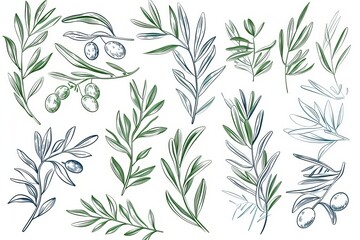 Fototapeta premium Modern illustrations of Olive Branches in a Linear Minimal Style. Use for creating logos, patterns, greeting cards and wedding invitations.