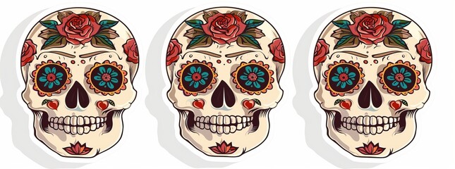 Set of Mexican skulls. Mexican skulls set. Modern illustration. Dia de los muertos skulls.