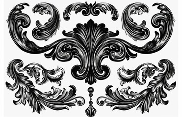 Fototapeta premium A vintage damask pattern with a vintage baroque scroll ornament swirl. A Victorian monogram heraldic shield swirl. An antique acanthus calligraphy engraved tattoo.