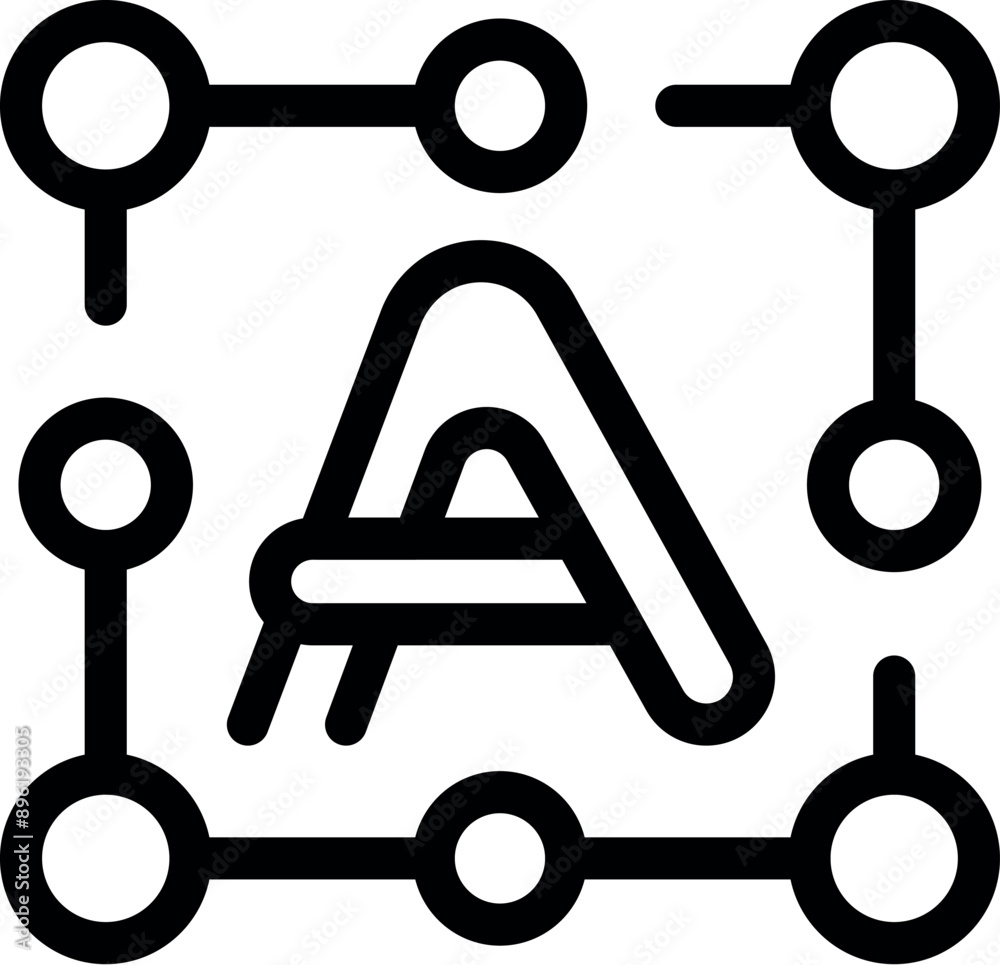 Poster line art icon of the letter a surrounded by nodes, representing an ai algorithm analyzing data
