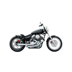 Fototapeta premium Black custom cruiser motorcycle isolated on white background. High-performance bike perfect for adventures, road trips, and motorcycle enthusiasts.