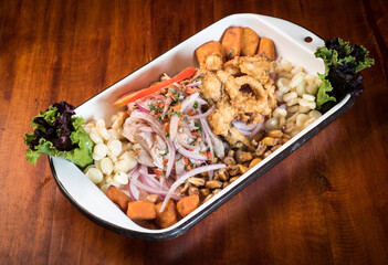 Seafood jalea, jalea de mariscos is a traditional and very popular Peruvian food