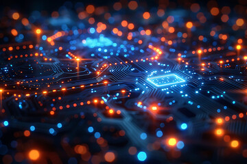 A binary background with dark blue and touches of neon highlights creating a technological and futuristic aesthetic