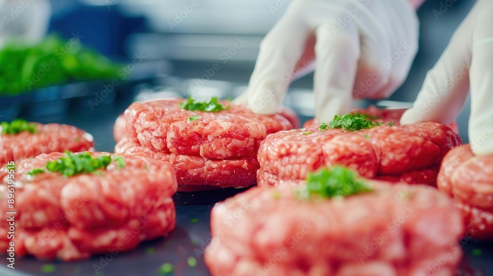 Wall mural close-up of gloved hands preparing fresh beef patties garnished with herbs, ready for cooking in a p