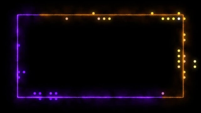 perfect neon glowing rectangle frame for halloween theme. Orange and purple neon lines with bulbs