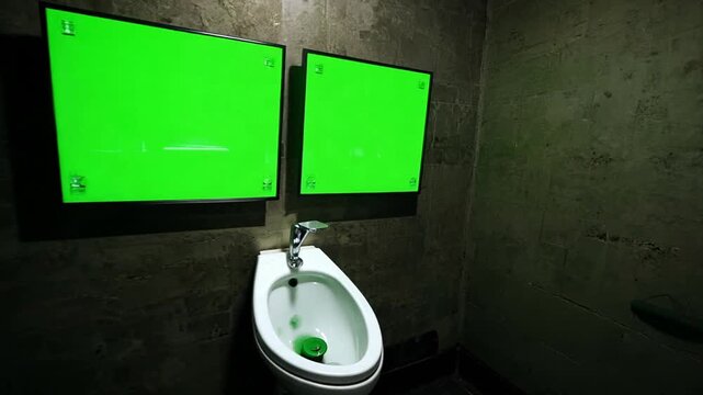 First person view walking towards a men's urinal in a night club with two videos screens mounted overhead displaying chroma key green screens.