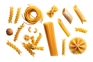 Assortment of various uncooked pasta types arranged on a white background, showcasing diverse shapes and textures of Italian cuisine staples.