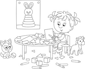 Little preschool girl cutting outlines and figures from color paper with scissors and making a funny picture of a cute toy bunny, black and white vector cartoon illustration for a coloring book
