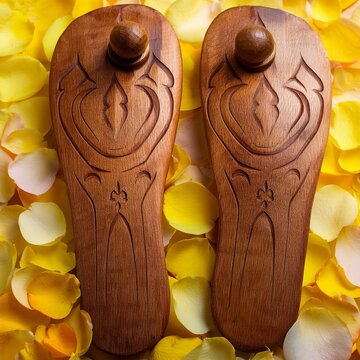 Two wooden India's ancient archetypal footwear. intricate decorative carving on black