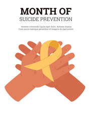 Month of suicide prevention vector awareness poster, psychological help, mental health support, handclasp yellow ribbon