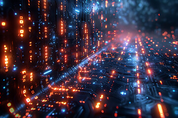 Fototapeta premium A binary background with dark blue and touches of neon highlights creating a technological and futuristic aesthetic