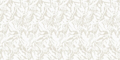 Seamless french gender neutral floral linen printed fabric border background. Light mottled white on grey cottage core block print pattern. Shabby chic woven duotone cloth effect. 