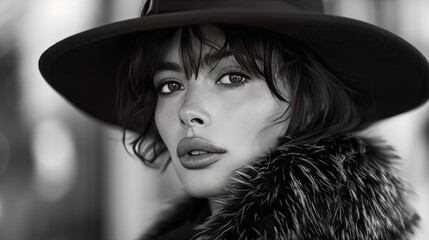 Black and white image of A young woman model as Fashion consultant