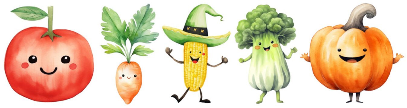 Watercolor fruit & vegetable character png cut out element set