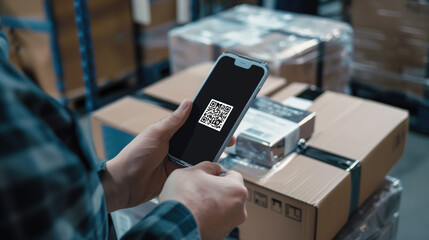 Person scanning QR code on smartphone in a warehouse with stacked boxes. Inventory management, supply chain logistics, warehouse automation, barcode scanning, shipment tracking.
