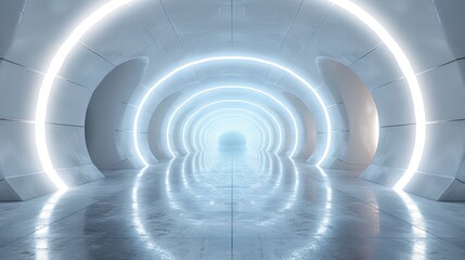 Obraz premium 3D render of a white empty futuristic corridor with neon lights in the background.