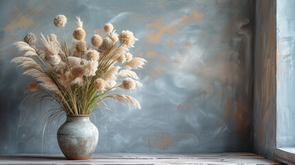 Vase filled with dried ornamental grass placed on a table or sideboard, adding rustic charm to the room