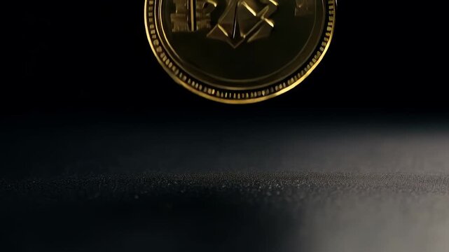 Slow motion of casino token falling, hitting jackpot under dramatic lighting in black background