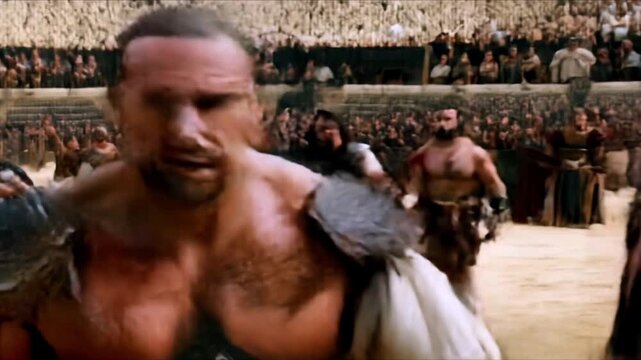 Brutal man in armor of gladiator warrior in arena during battle