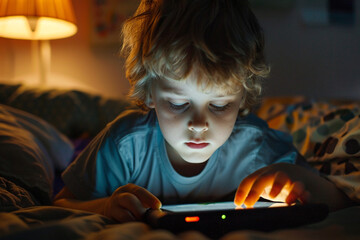 Phone addiction since childhood. Boy looks at his phone in dark room. - Powered by Adobe