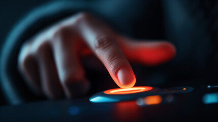 Close-up of a finger pressing a glowing orange button on a dark surface, with a blurred background.