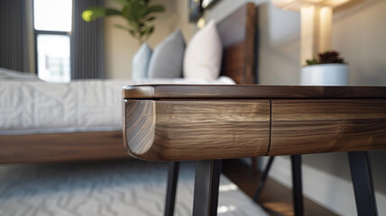 Fototapeta premium Modern bedroom with wooden nightstand and cozy bed setup