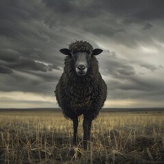 Fototapeta premium Black Sheep Standing in a Field Under a Stormy Sky