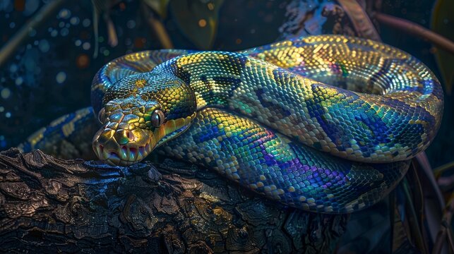 photograph of a vibrant glowing snake on the trees's branch