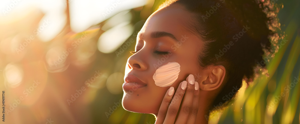 Poster Beautiful black woman applying facial lotion cleanser to glowy youthful skin in sunlight