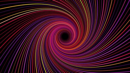 Abstract background with bright colorful vortex tunnel made of twisted vibrant colored stripes. Hypnotic swirl shape animation with curvy lines for music festival and digital art performance. 4K 60fps