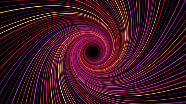 Abstract background with bright colorful vortex tunnel made of twisted vibrant colored stripes. Hypnotic swirl shape animation with curvy lines for music festival and digital art performance. 4K 60fps