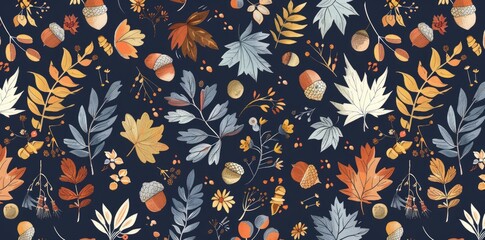 Autumnal Leaves and Acorns Seamless Pattern