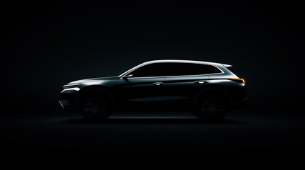 Side view silhouette of a modern SUV car with clean lines on a dark background highlighting its sleek design.
