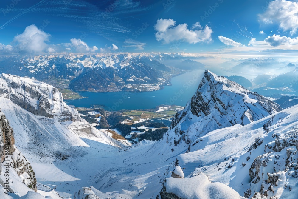 Poster a serene landscape featuring a snow-capped mountain range and a calm lake in the distance, perfect f