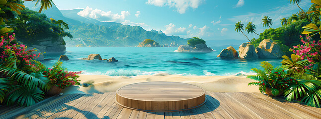 Sous le soleil éclatant, la plage tropicale dévoile son paradis : sable doré, mer turquoise et vagues caressantes. L’horizon se confond avec le ciel bleu, offrant un paysage idyllique pour des vacance