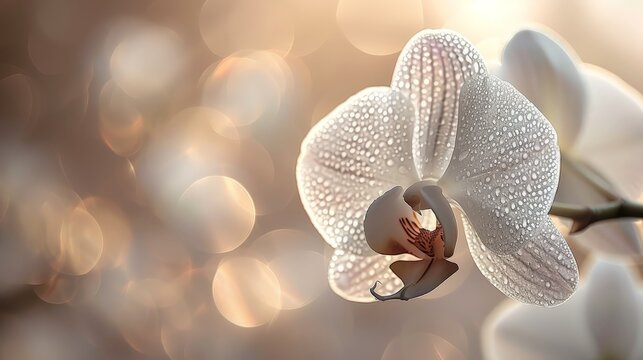 Macro shot of a white orchid with intricate patterns