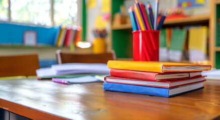 books lie on a table in a school, with a classroom and school supplies on the background, back to school, September