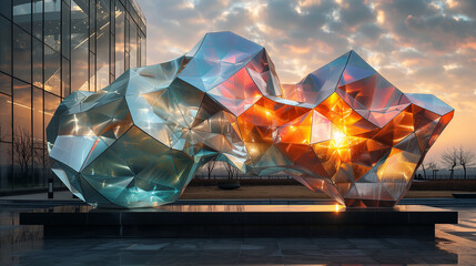Modern sculpture made from unconventional materials such as metal, plastic, or glass, displayed in a gallery or public space