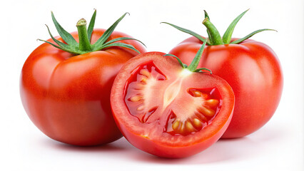 Two whole tomatoes and one halved tomato sit on a white surface